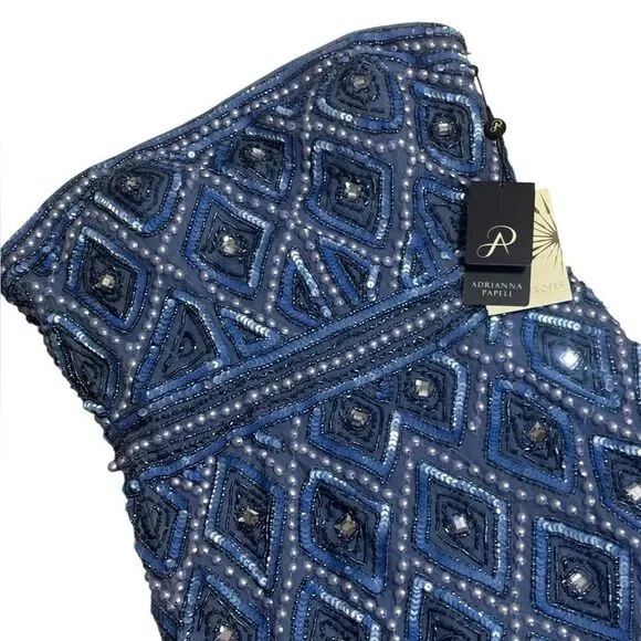 NWT Adrianna Papell blue Strapless Embellished beaded Diamond pattern Mini  Dress